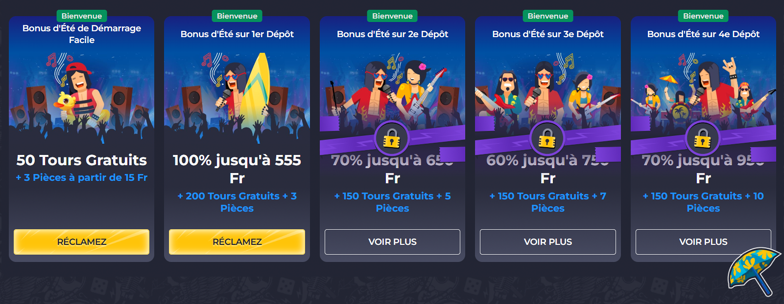 Pack de bienvenue de Rolling Slots sur quatre dépôts
